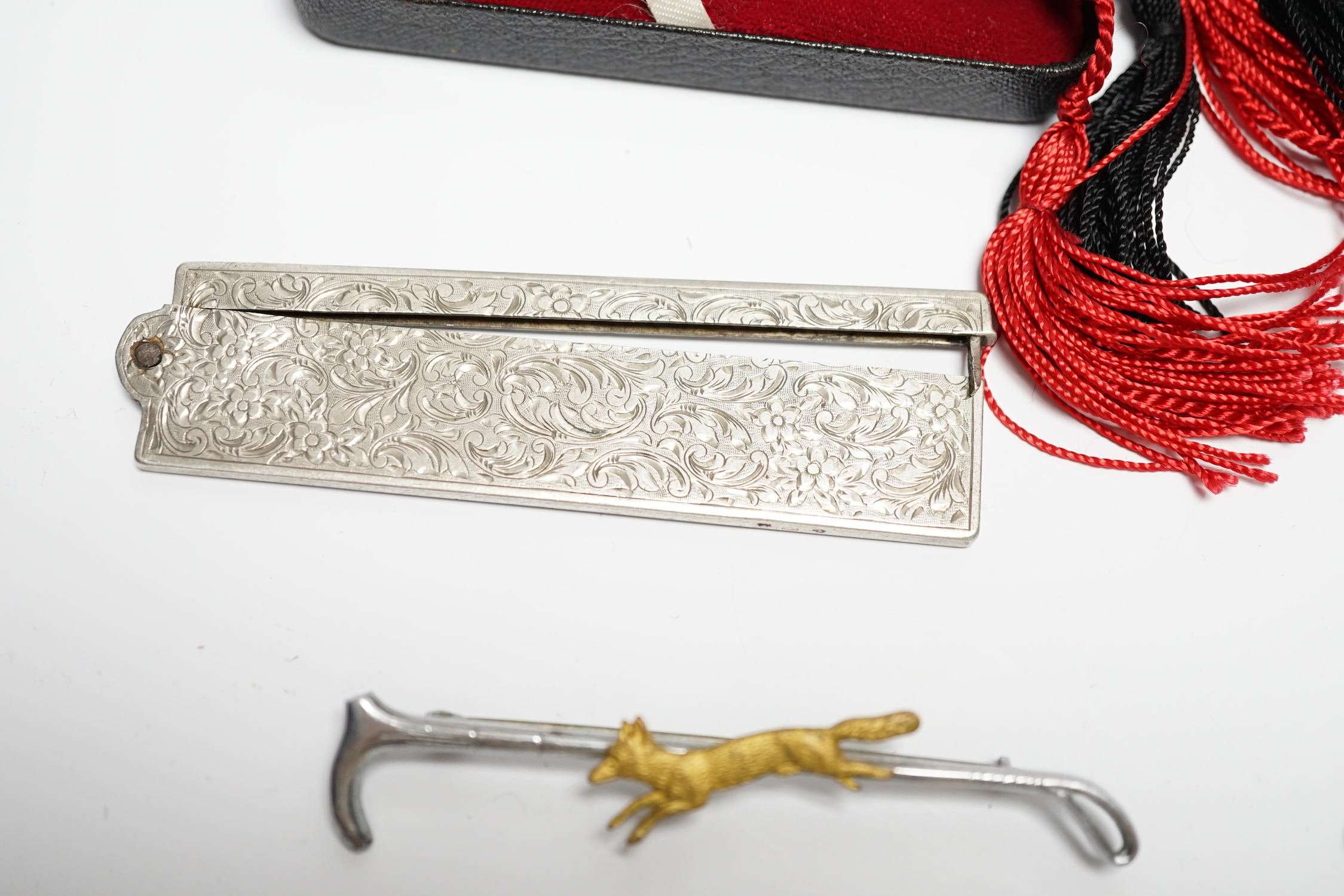 A cased set of four engine turned sterling bridge pencils and other small silver etc.
